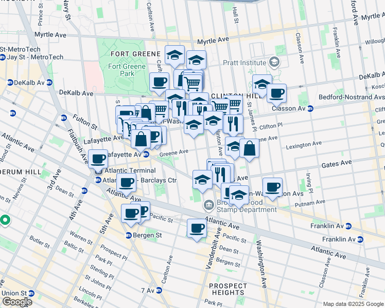 map of restaurants, bars, coffee shops, grocery stores, and more near 72 Greene Avenue in Brooklyn