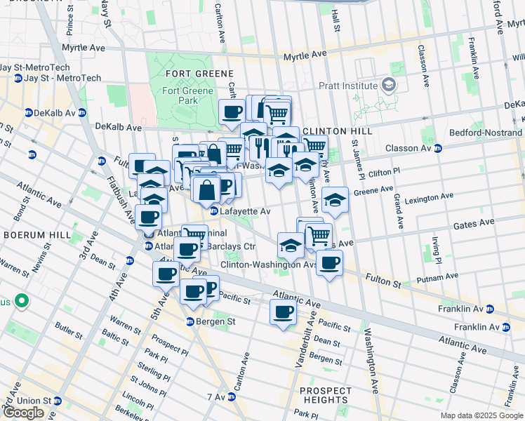 map of restaurants, bars, coffee shops, grocery stores, and more near 38 Greene Avenue in Brooklyn