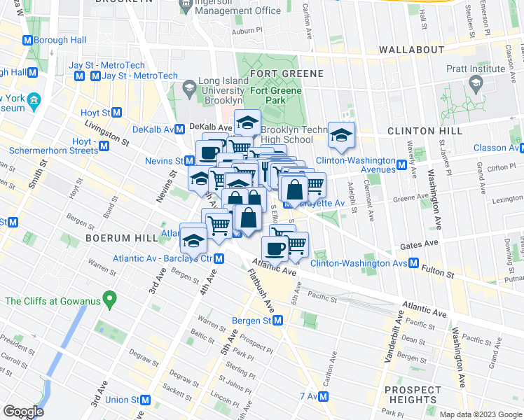 map of restaurants, bars, coffee shops, grocery stores, and more near 116 South Elliott Place in Brooklyn