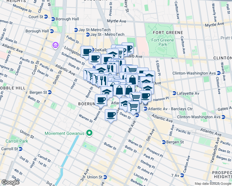 map of restaurants, bars, coffee shops, grocery stores, and more near 489 Atlantic Avenue in Brooklyn