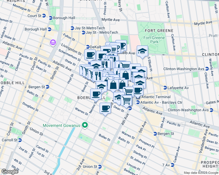 map of restaurants, bars, coffee shops, grocery stores, and more near 489 Atlantic Avenue in Brooklyn