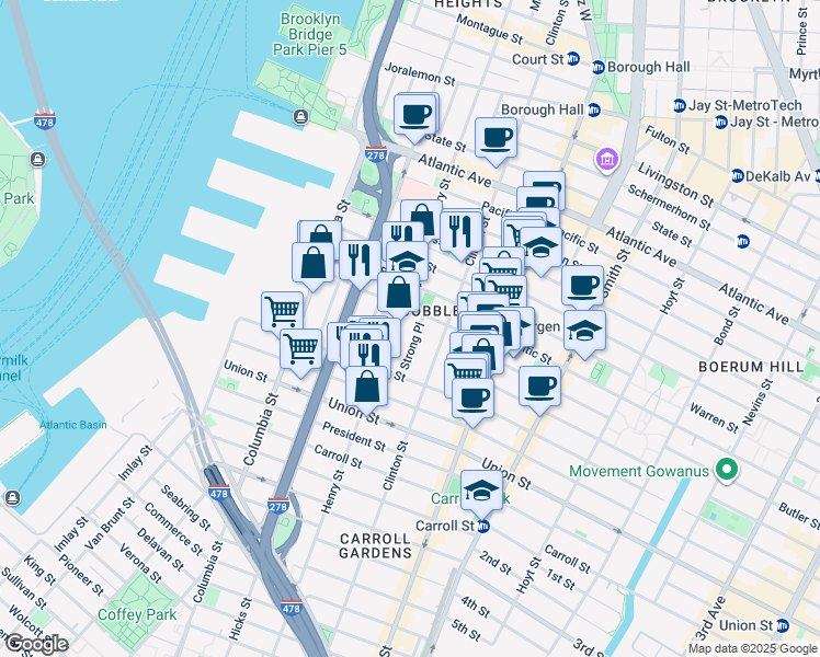 map of restaurants, bars, coffee shops, grocery stores, and more near 20 Strong Place in Brooklyn