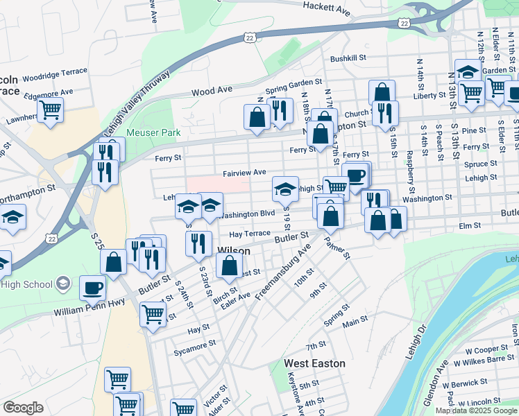 map of restaurants, bars, coffee shops, grocery stores, and more near 1935 Washington Boulevard in Easton