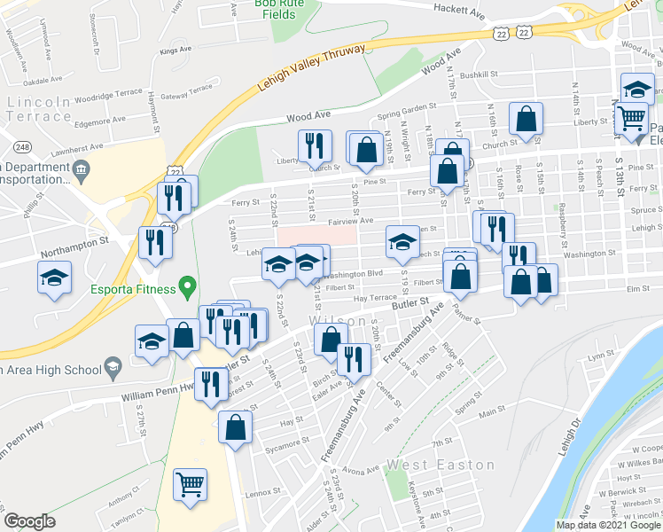 map of restaurants, bars, coffee shops, grocery stores, and more near 2005 Washington Boulevard in Easton