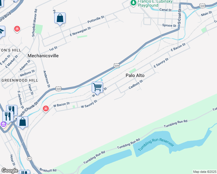map of restaurants, bars, coffee shops, grocery stores, and more near 32 West Bacon Street in Pottsville