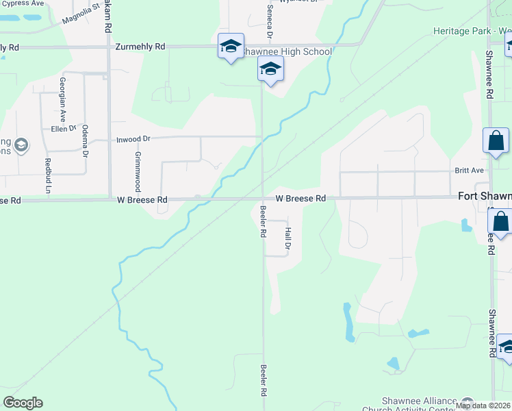 map of restaurants, bars, coffee shops, grocery stores, and more near 3301-3377 West Breese Road in Lima