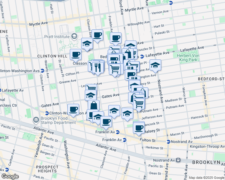 map of restaurants, bars, coffee shops, grocery stores, and more near 94 Quincy Street in Brooklyn