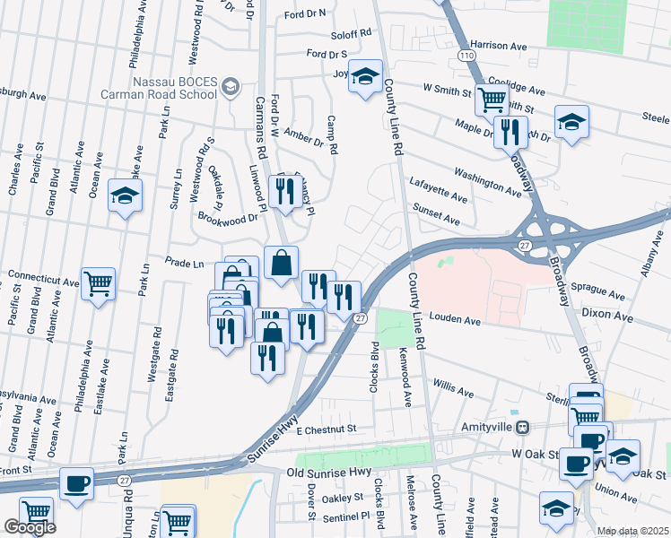 map of restaurants, bars, coffee shops, grocery stores, and more near 125 Bethaven Lane in Massapequa
