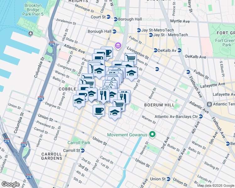 map of restaurants, bars, coffee shops, grocery stores, and more near in Brooklyn