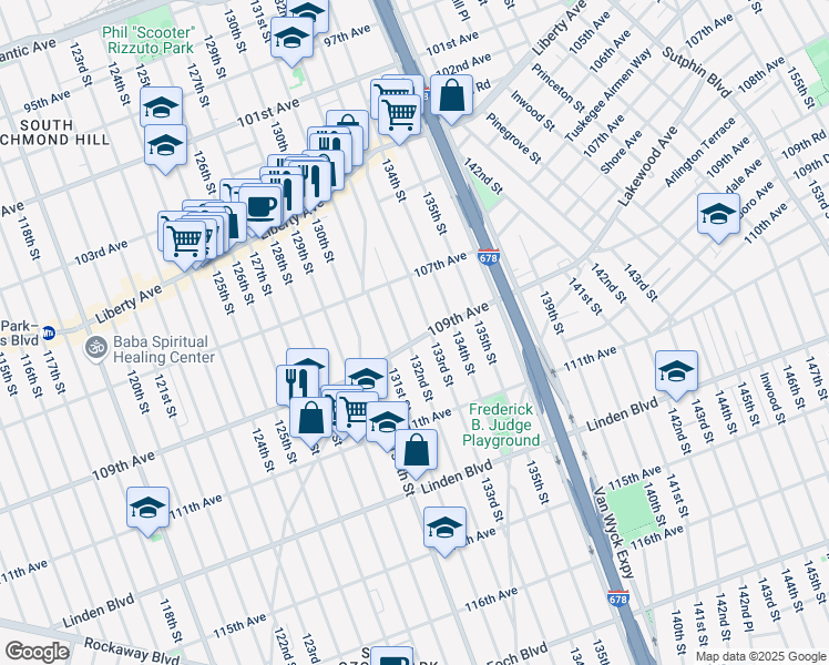 map of restaurants, bars, coffee shops, grocery stores, and more near 107-48 132nd Street in Queens
