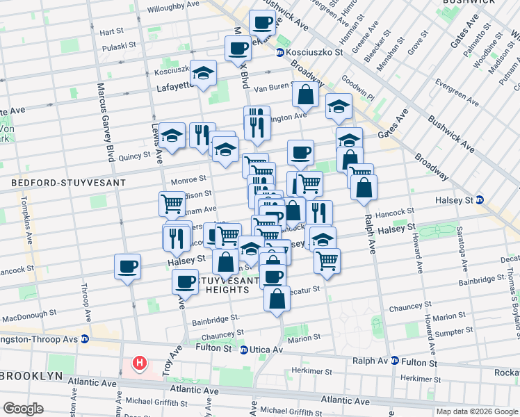 map of restaurants, bars, coffee shops, grocery stores, and more near 784 Putnam Avenue in Brooklyn