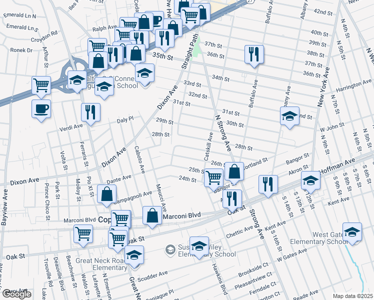 map of restaurants, bars, coffee shops, grocery stores, and more near 88 27th Street in Copiague