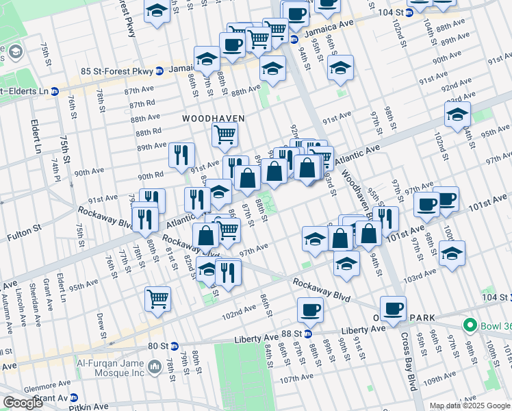 map of restaurants, bars, coffee shops, grocery stores, and more near 94-22 88th Street in Queens