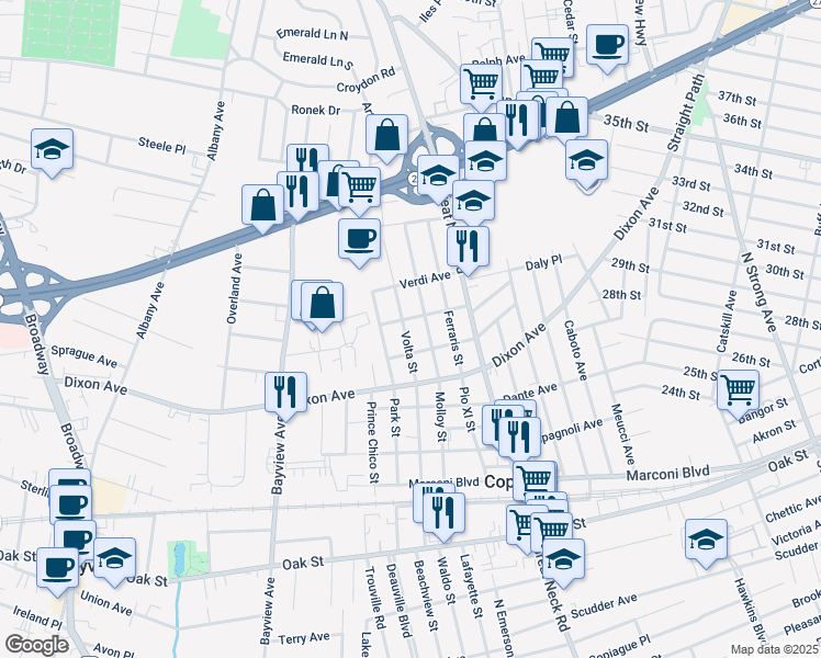 map of restaurants, bars, coffee shops, grocery stores, and more near 140 Volta Street in Copiague