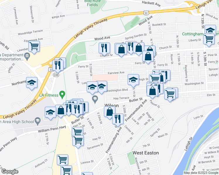 map of restaurants, bars, coffee shops, grocery stores, and more near 2033 Washington Boulevard in Easton