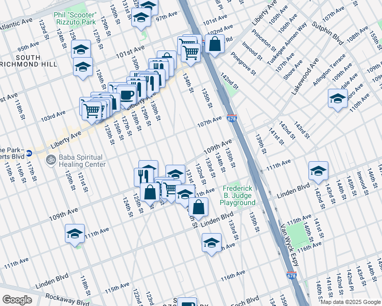 map of restaurants, bars, coffee shops, grocery stores, and more near 107-48 132nd Street in Queens