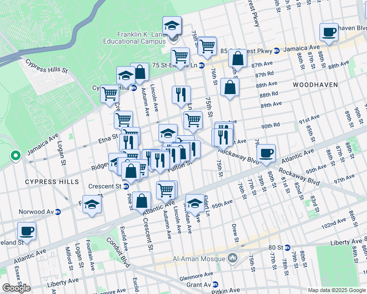 map of restaurants, bars, coffee shops, grocery stores, and more near 203 Grant Avenue in Brooklyn