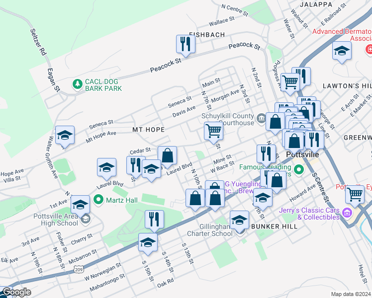 map of restaurants, bars, coffee shops, grocery stores, and more near 917 Mount Hope Avenue in Pottsville