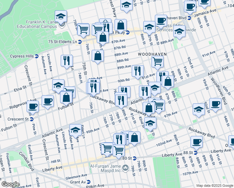 map of restaurants, bars, coffee shops, grocery stores, and more near 91-19 79th Street in Queens