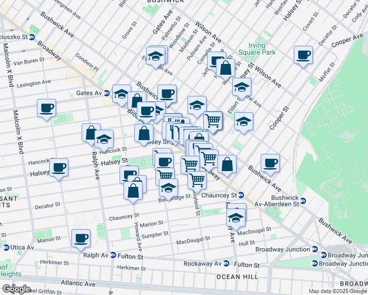 map of restaurants, bars, coffee shops, grocery stores, and more near 1567 Broadway in Brooklyn