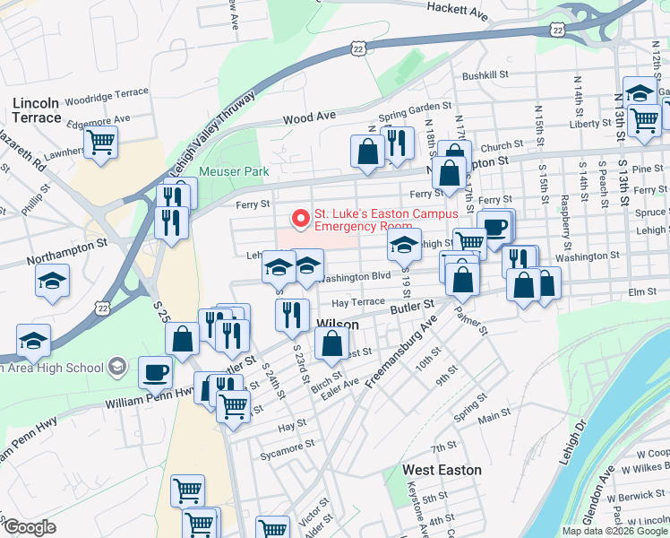 map of restaurants, bars, coffee shops, grocery stores, and more near 2029 Washington Boulevard in Easton