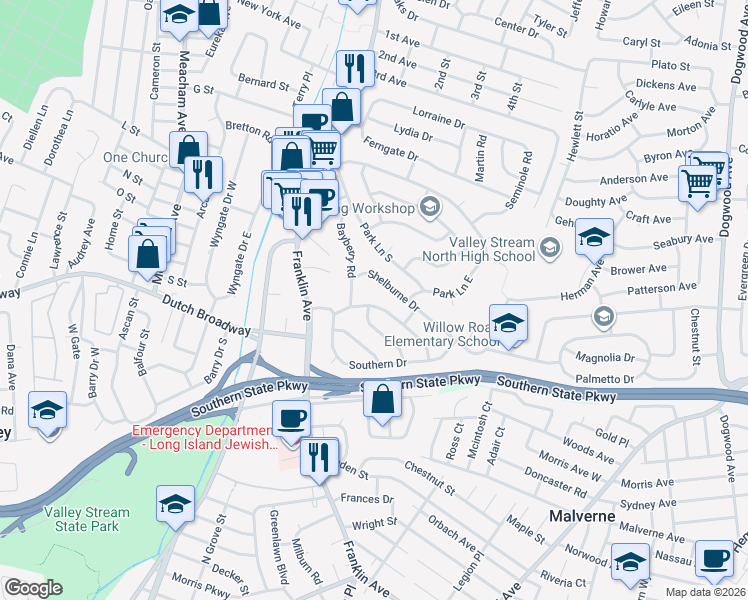 map of restaurants, bars, coffee shops, grocery stores, and more near 1056 Woodcliff Drive in Franklin Square