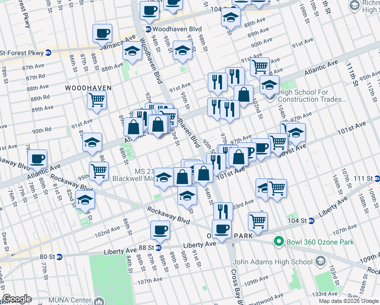 map of restaurants, bars, coffee shops, grocery stores, and more near 95-26 94th Street in Queens