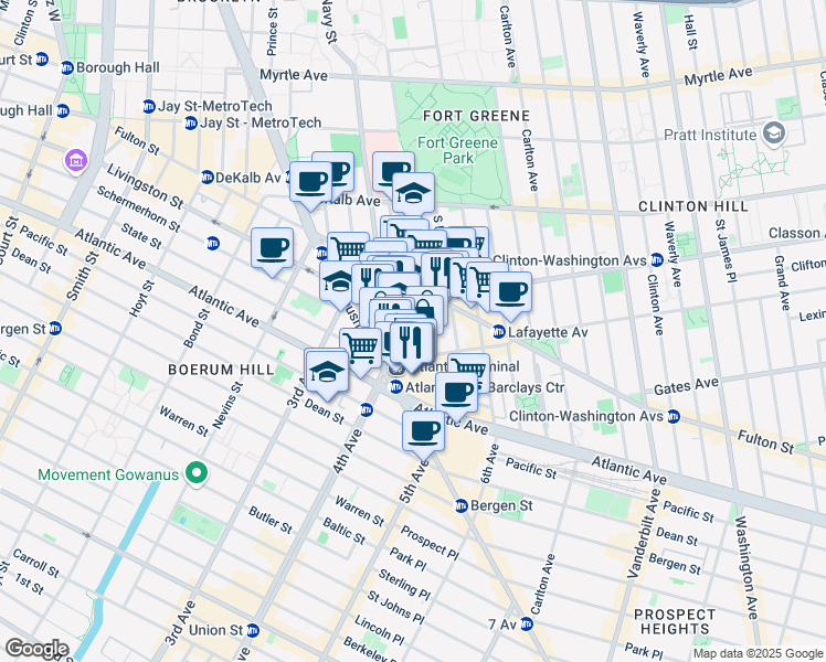map of restaurants, bars, coffee shops, grocery stores, and more near 121 Saint Felix Street in Brooklyn