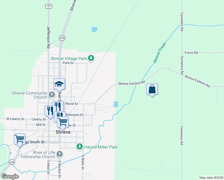 map of restaurants, bars, coffee shops, grocery stores, and more near 463 East Wood Street in Shreve