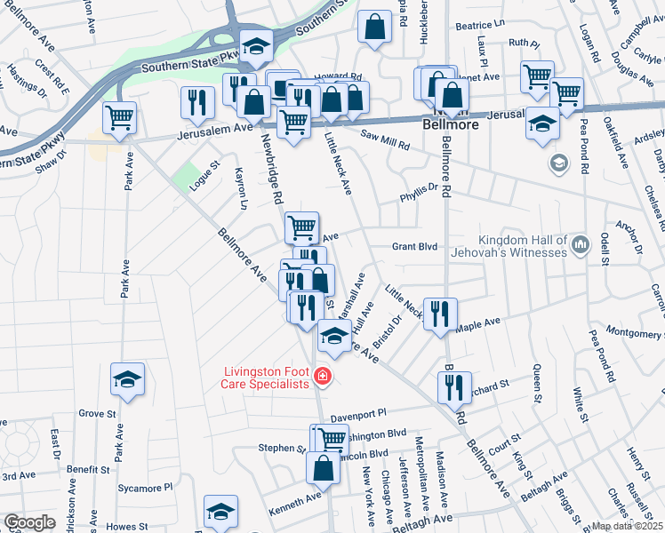 map of restaurants, bars, coffee shops, grocery stores, and more near 1402 Harding Street in North Bellmore