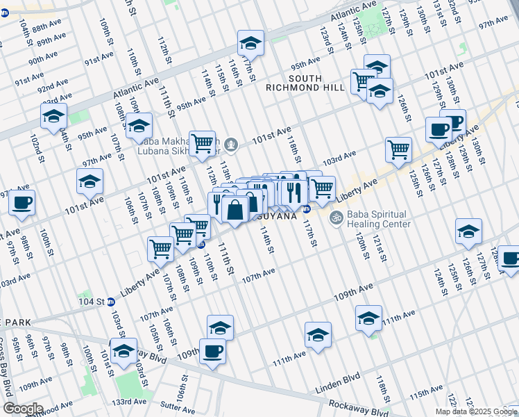 map of restaurants, bars, coffee shops, grocery stores, and more near 103-27 114th Street in Queens