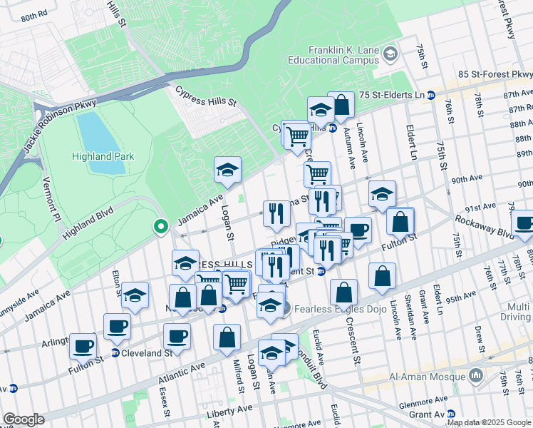 map of restaurants, bars, coffee shops, grocery stores, and more near 196 Etna Street in Brooklyn
