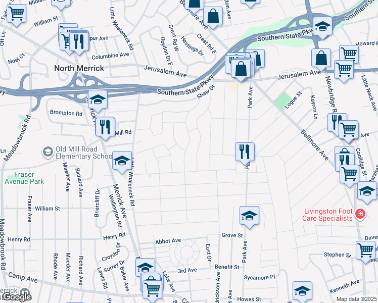 map of restaurants, bars, coffee shops, grocery stores, and more near 91 Jenkins Street in North Merrick