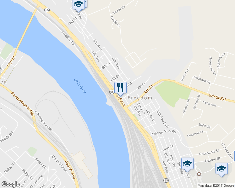 map of restaurants, bars, coffee shops, grocery stores, and more near 701 3rd Avenue in Freedom