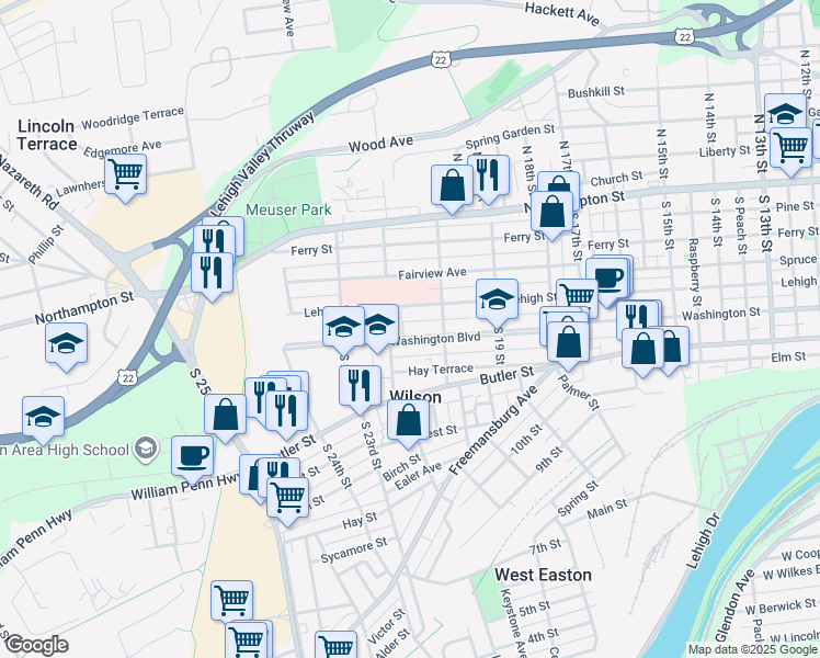 map of restaurants, bars, coffee shops, grocery stores, and more near 2031 Washington Boulevard in Easton