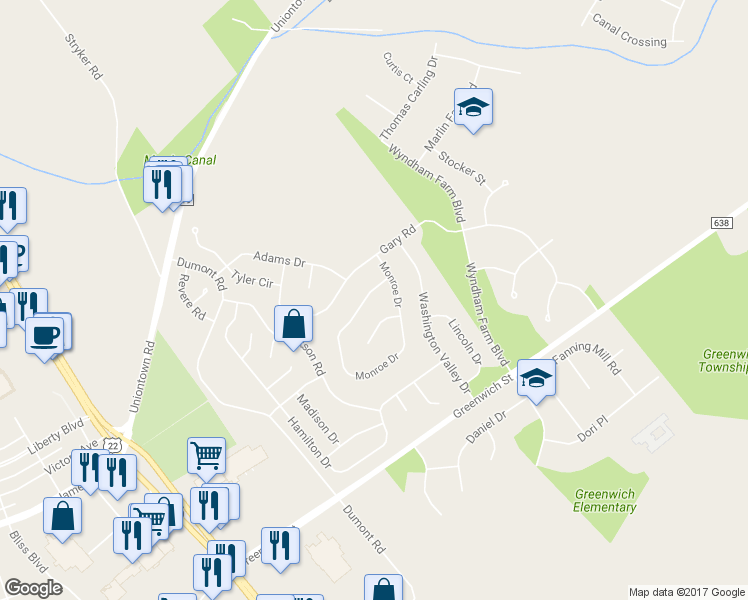 map of restaurants, bars, coffee shops, grocery stores, and more near 1148 Monroe Drive in Stewartsville