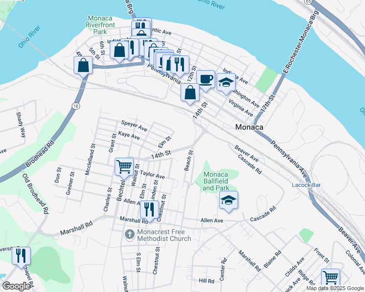 map of restaurants, bars, coffee shops, grocery stores, and more near 730 14th Street in Monaca