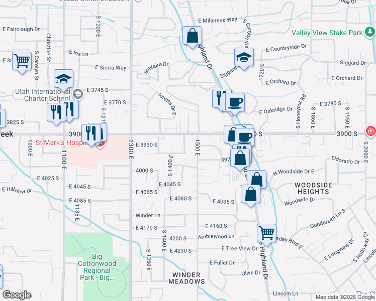 map of restaurants, bars, coffee shops, grocery stores, and more near 1469 Brooklane circle south in Millcreek