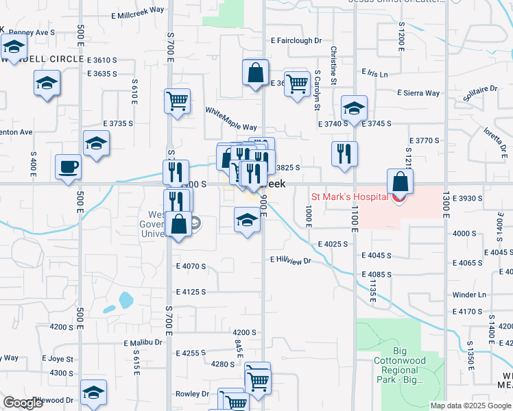 map of restaurants, bars, coffee shops, grocery stores, and more near 3944 South 900 East in Millcreek