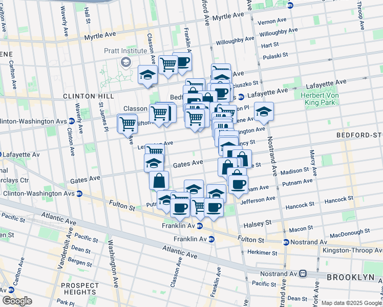 map of restaurants, bars, coffee shops, grocery stores, and more near 94 Quincy Street in Brooklyn