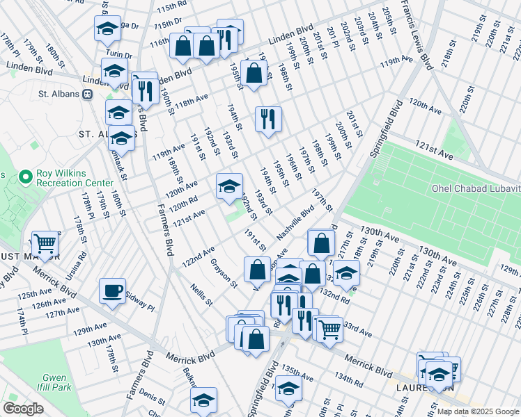 map of restaurants, bars, coffee shops, grocery stores, and more near 121-36 193rd Street in Queens