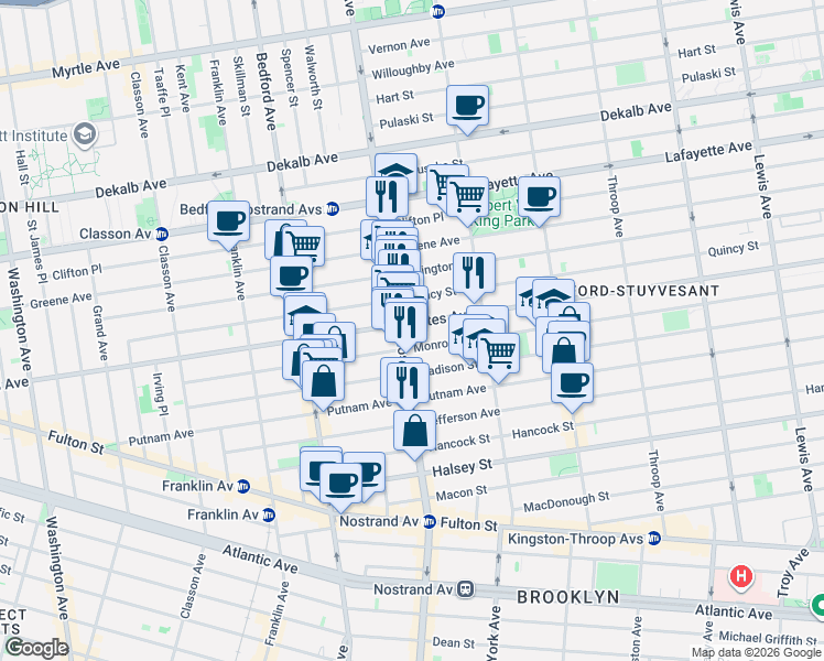 map of restaurants, bars, coffee shops, grocery stores, and more near 337 Nostrand Avenue in Brooklyn