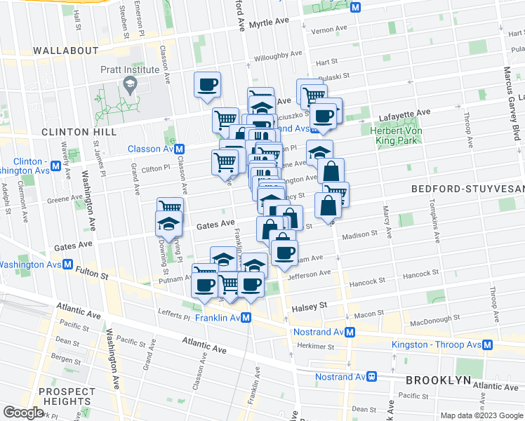 map of restaurants, bars, coffee shops, grocery stores, and more near 1126 Bedford Avenue in Brooklyn