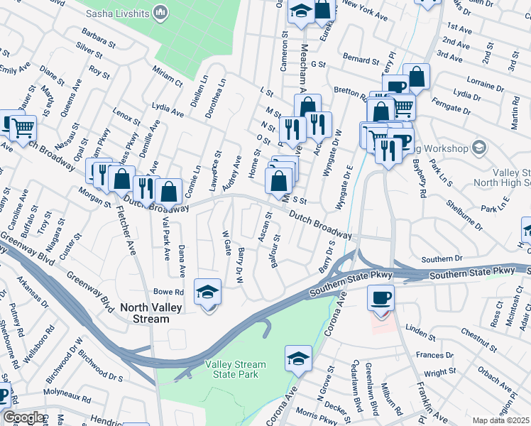 map of restaurants, bars, coffee shops, grocery stores, and more near 6 Ascan Street in Valley Stream