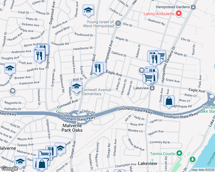 map of restaurants, bars, coffee shops, grocery stores, and more near 857 Cleveland St in West Hempstead