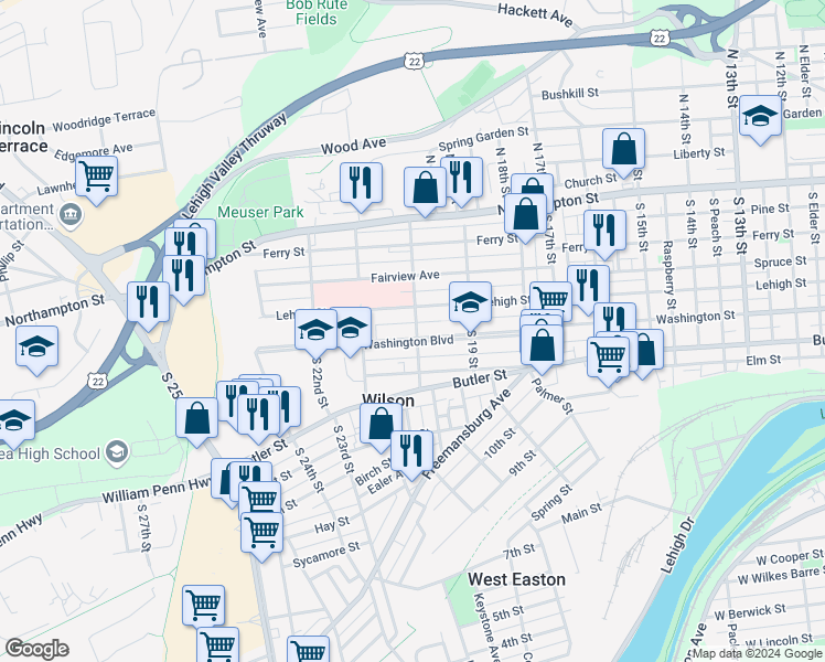 map of restaurants, bars, coffee shops, grocery stores, and more near 2001 Washington Boulevard in Easton