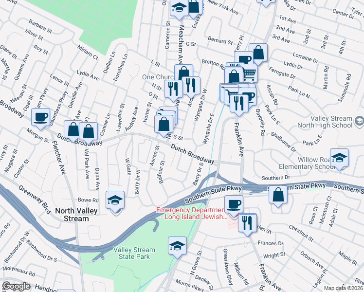 map of restaurants, bars, coffee shops, grocery stores, and more near 1290 Dutch Broadway in Valley Stream