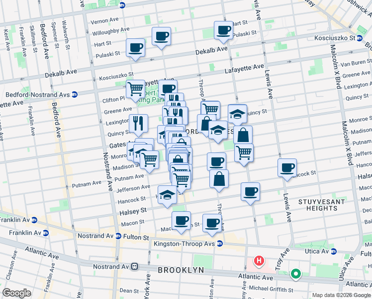 map of restaurants, bars, coffee shops, grocery stores, and more near 370A Monroe Street in Brooklyn
