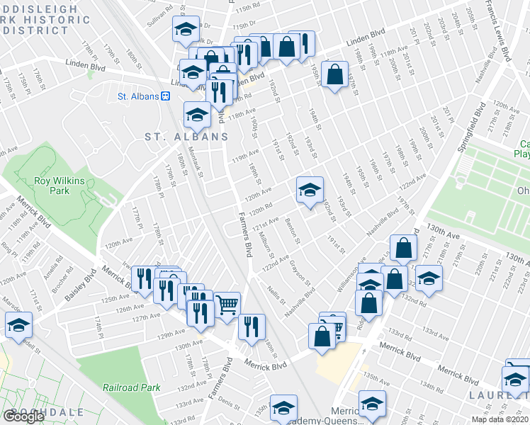 map of restaurants, bars, coffee shops, grocery stores, and more near 188-36 120th Road in Queens