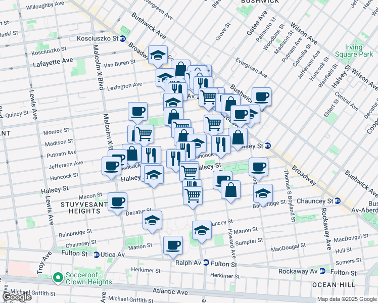 map of restaurants, bars, coffee shops, grocery stores, and more near 119 Ralph Avenue in Brooklyn